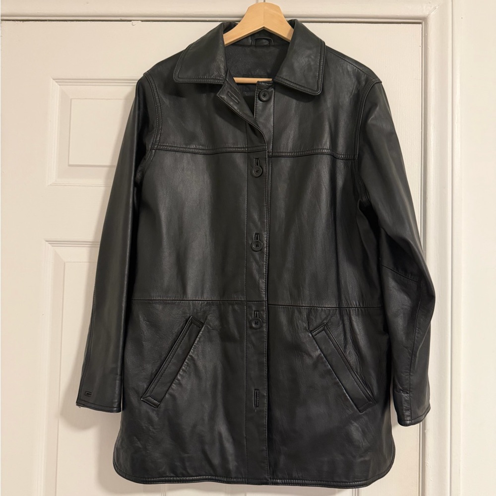 Vintage Centigrade Women's Black Leather Button-Front Coat